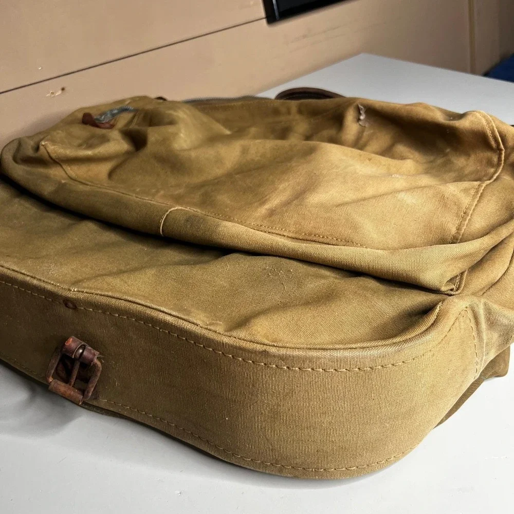 Vintage Military Canvas Garment Bag Khaki Travel Suitcase Leather Distressed